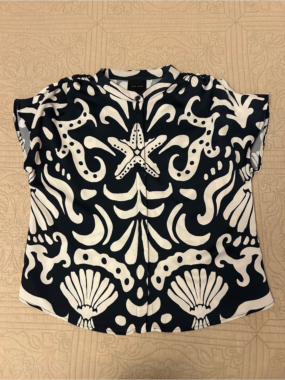 Alex Marie Navy & Cream Seashell Print Short Sleeve Blouse